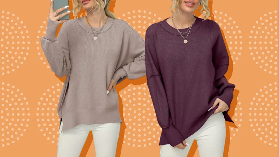 Woman Wearing Sweaters in APRICOT AND PLUM