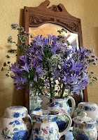 Photo by Sheila Webber of Mason's Regency China Ginger Jars and Jugs and The Larger South is filled with agapanthus and wild Marjoram in July 2024