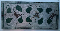 Photo of a painting by maggie forsyth, to look like a mosaic and it shows lizards and leaves on a White Mosa Background