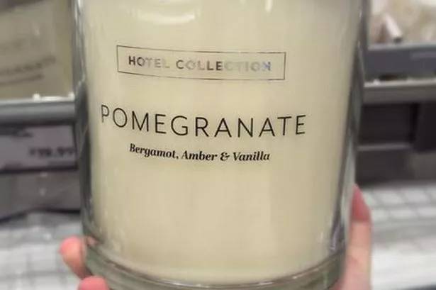 Shopper holds Aldi's pomegranate candle - it is white and round with silver lid