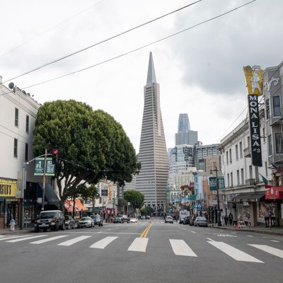 The Transamerica Building Stands at the End of an Empty Columbus Avenue in San Francisco, California, US, On Tuesday, March 17, 2020.