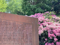Photo by Sheila Webber of Part of the Komagata Maru memorial in Vancouver Canada in May 2024 showing part of the memorial wall with names and flowering pink rhododendrons