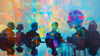 Image by Sheila Webber using Midjourney AI, the prompt AI, meetings, efficiency, impressionist style it shows silhouettes of heads and people sitting at a table with blue yellow and black mostly