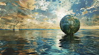 Image by Sheila Webber Using Midjourney he with the Earth Floating Over Teh Sea and A Fractured Sky Around It
