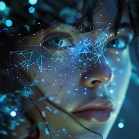 Created on Midjourney AI the image shows the face of a woman and some electric lines and shadows