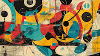 Image by Sheila Webber Using Midjourney He That is an Abstract Swirl of Lines and Blobs of Black and Colurs with some great images of college buildings Through