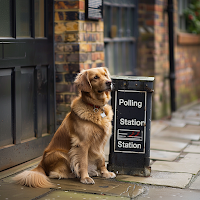 Image by Sheila Webber Using Midjourney With the Prompt A Sitting Dog, It is Beside a Notice, The Notice Reads Polling Station and A Dog Waiting by a Notice is What It Shows