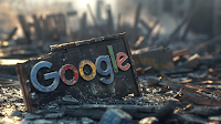 Image of the Word Google on A Sign, Which is Partially Broken and in A Rubble Filled Landscape