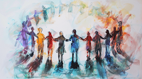 Image by Sheila Webber using Midjourney AI, prompt people in a circle, holding hands, semi-abstract, line drawing, pastel color wash, tranquil --v 6.0 --ar 16:9