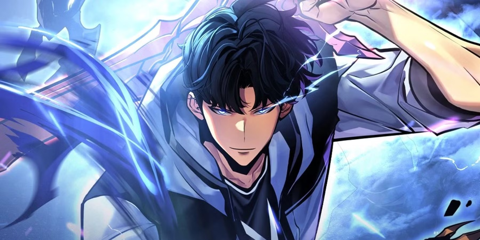 Solo Leveling Manhwa Featured Image - Sung Jinwoo Smiring and Holding a SWORD WITH SHADOWS