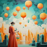 Image of woman dressed in orange in a face mask, outline of a\ city, globes floating