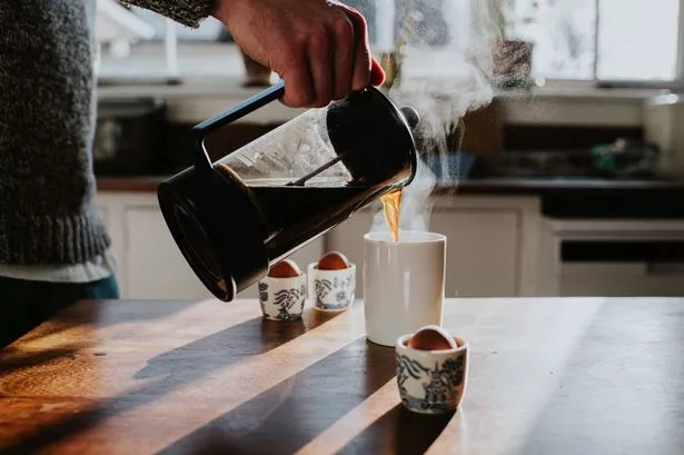   man pours a hot cup of coffee from a french press coffee maker, generic