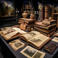 Image by Sheila Webber using Midjourney AI using prompt ancient manuscripts, in museum cases, hyperreal