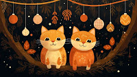 Image of 2 ginger cats looking happy with celebration baubles, created using Midjourney AI